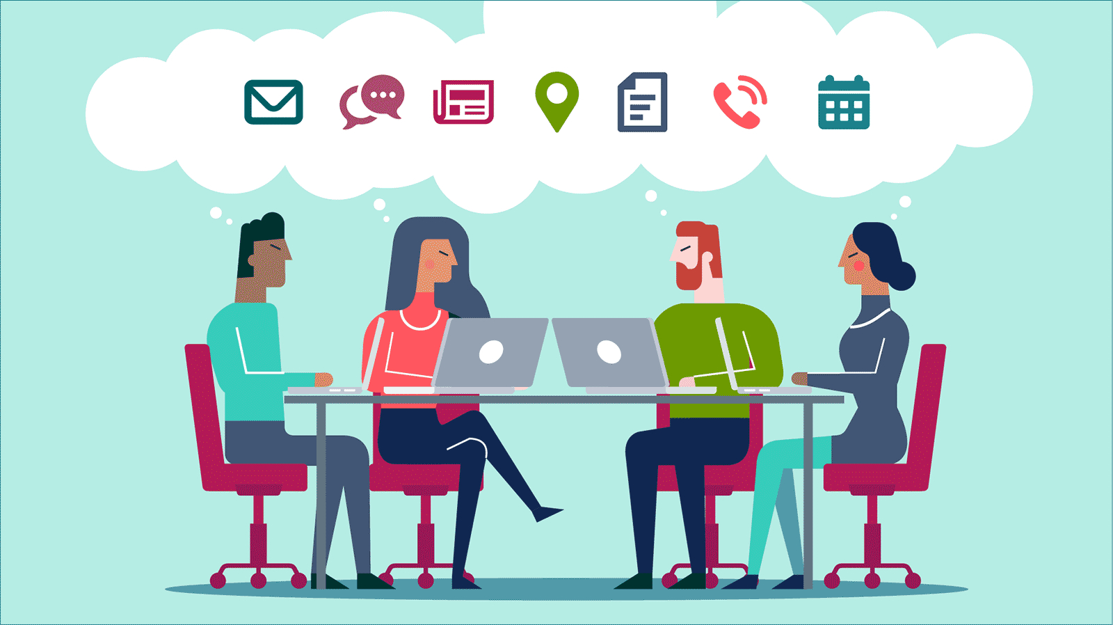 An illustration of a team sitting around a conference table. Above them, a cloud hovers with floating icons for email, phone, events and other interaction methods. This highlights features of our stakeholder management system. 