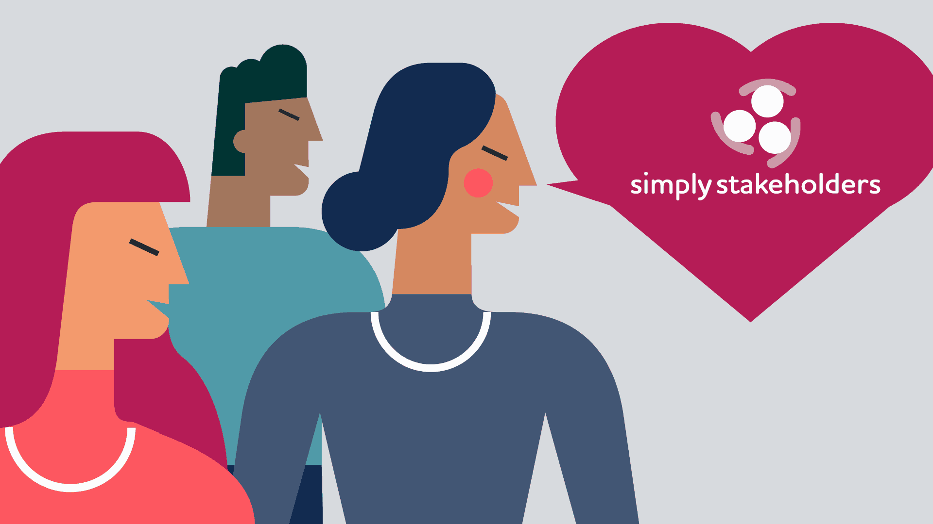 An illustration of a group of people. One has a heart-shaped speech bubbly with the Simply Stakeholders logo inside.