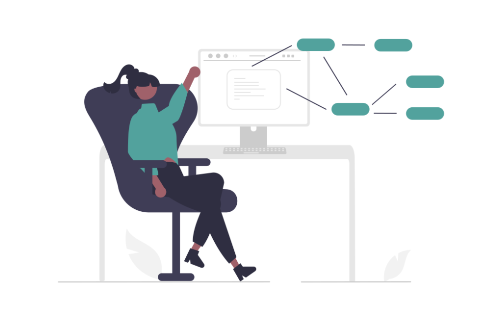 A stylized graphic showing a person sitting at a desk with a diagram shown on their desktop screen
