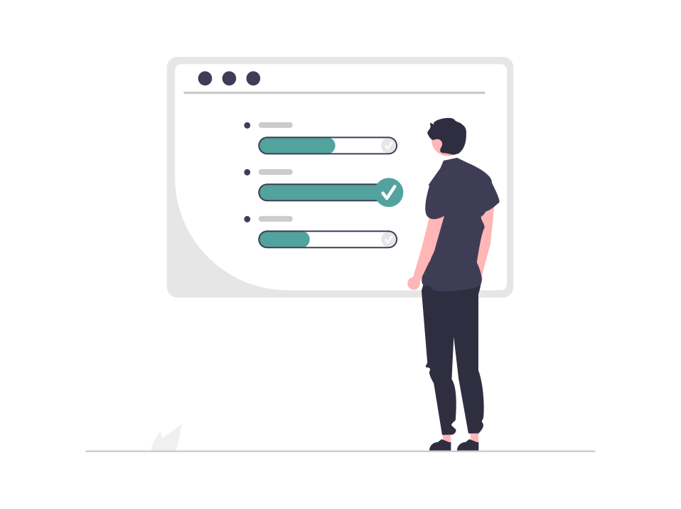 Stylized graphic showing a person standing in front of a user interface that visualizes progress
