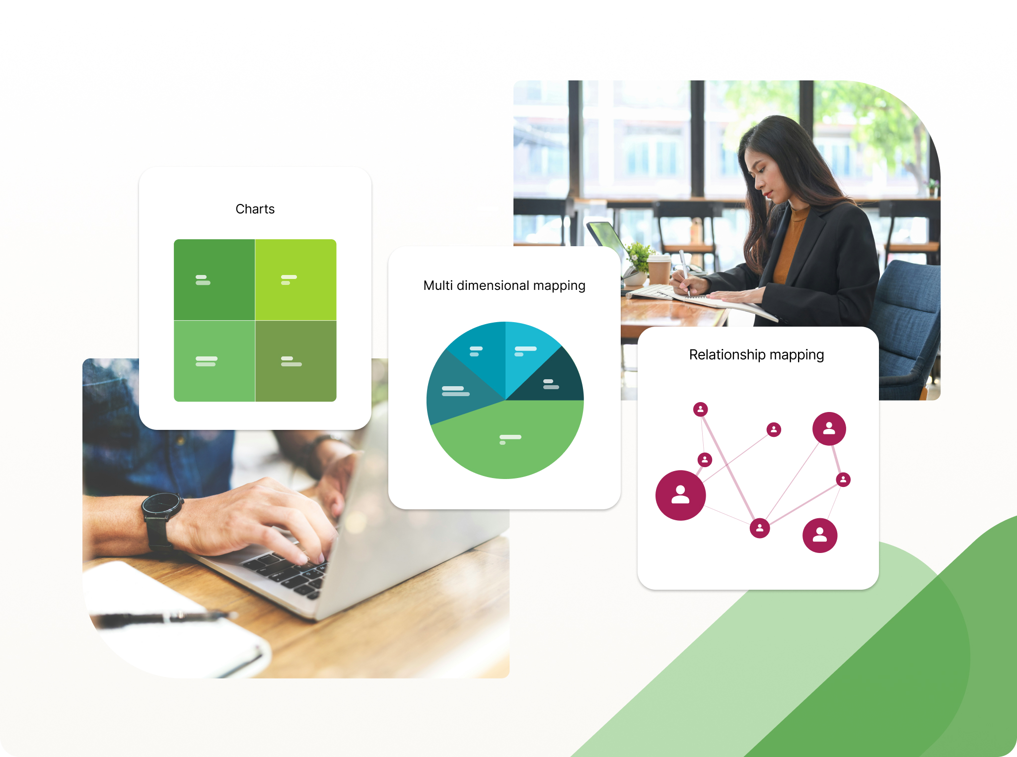 Highlighting charts, multi-dimensional mapping, and relationship mapping in Simply Stakeholders.