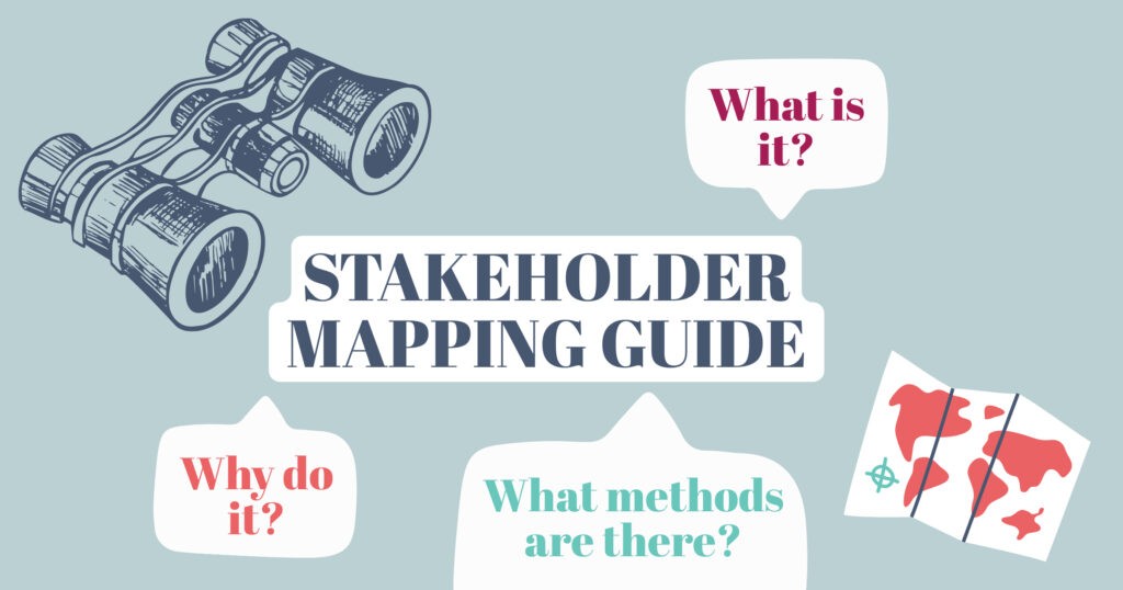 Stakeholder Mapping Guide, with binoculars, map, and questions in speech bubbles.