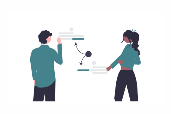 Stylized graphic showing two people collaborating on a plan.