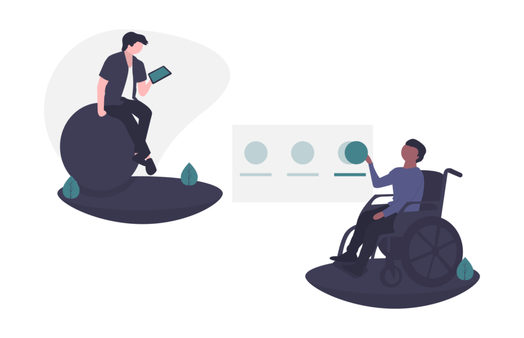 Illustration showing two people using a software interface, with one person sitting on a rock, and another using a wheelchair.