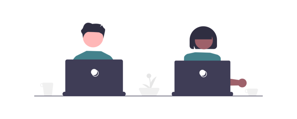 Illustration of two people sitting at a table in front of laptops.