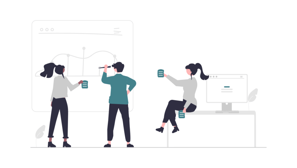 Illustration showing three people interacting with a user interface.