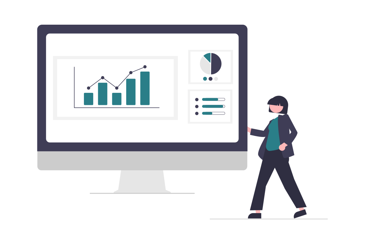Illustration of a person standing next to a user interface with three graphs.