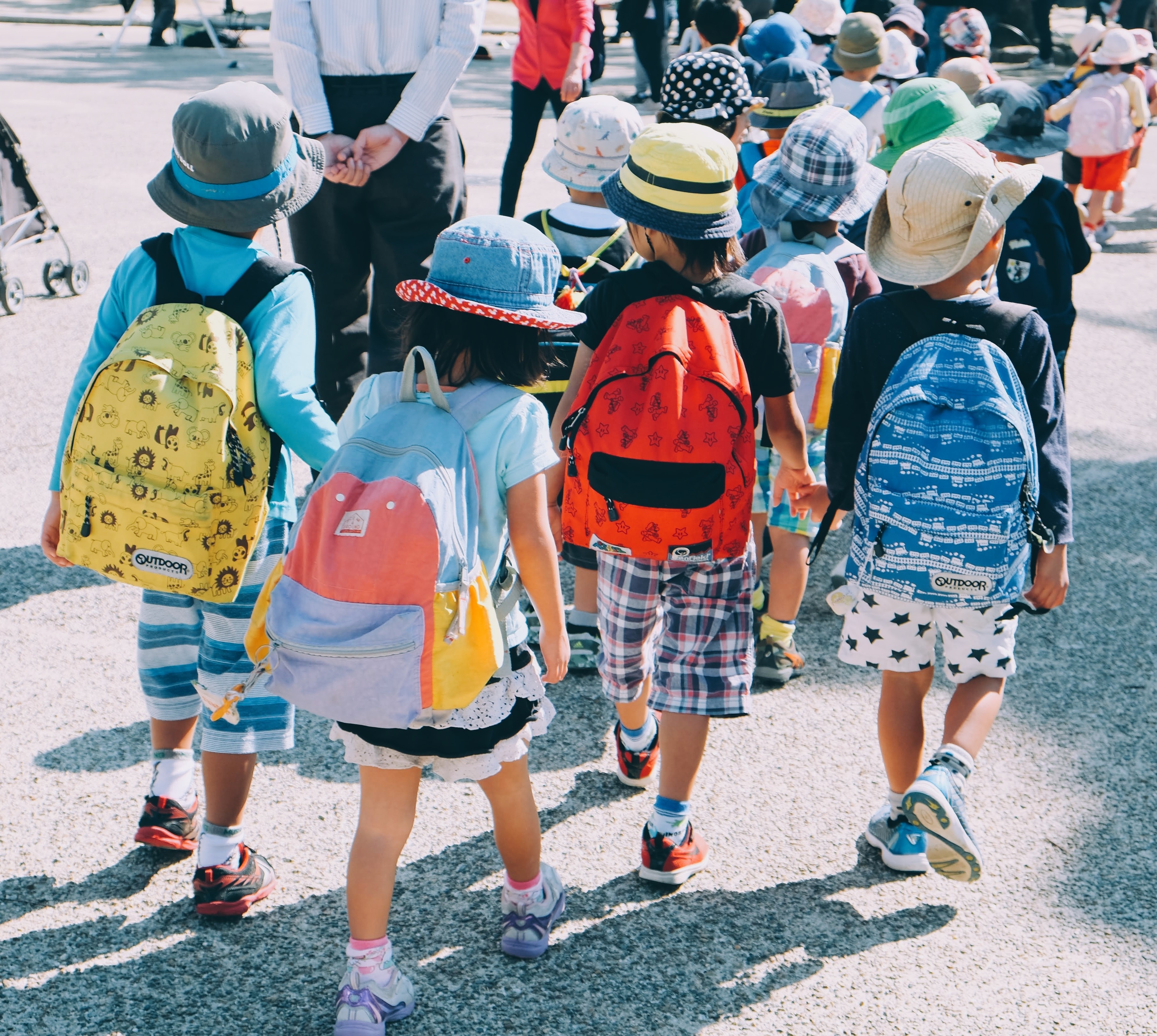 A group of primary school aged students walk together, seen from behind with colorful backpacks.