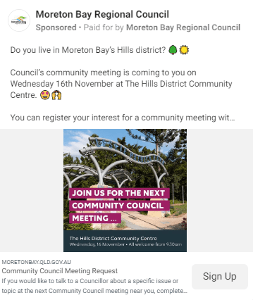 Screenshot of a Facebook ad by Moreton Bay Regional Council that promotes an upcoming event for community stakeholders to attend.