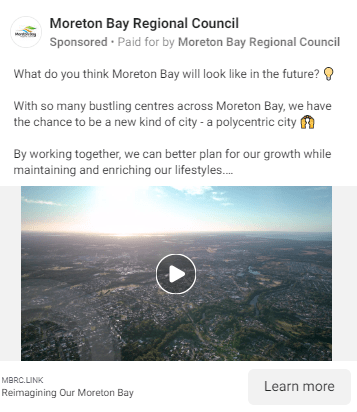  Screenshot of a Facebook ad by Moreton Bay Regional Council that promotes an opportunity for stakeholders to consult on future vision and planning within the region