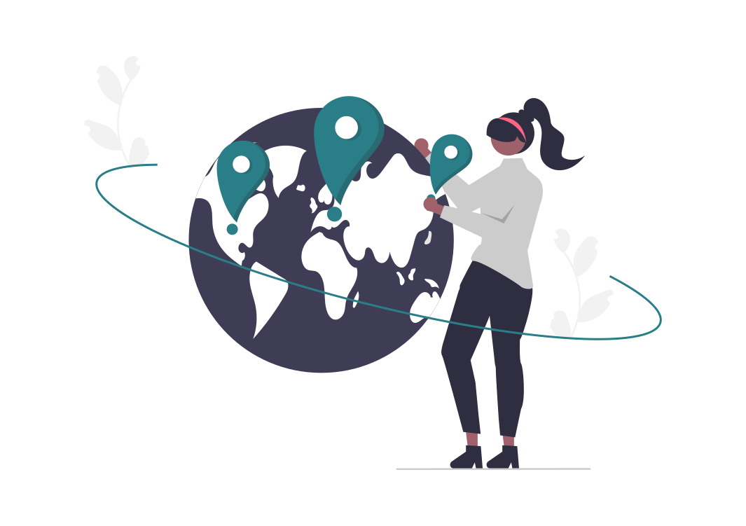 An illustration shows a woman putting placeholders on a globe.