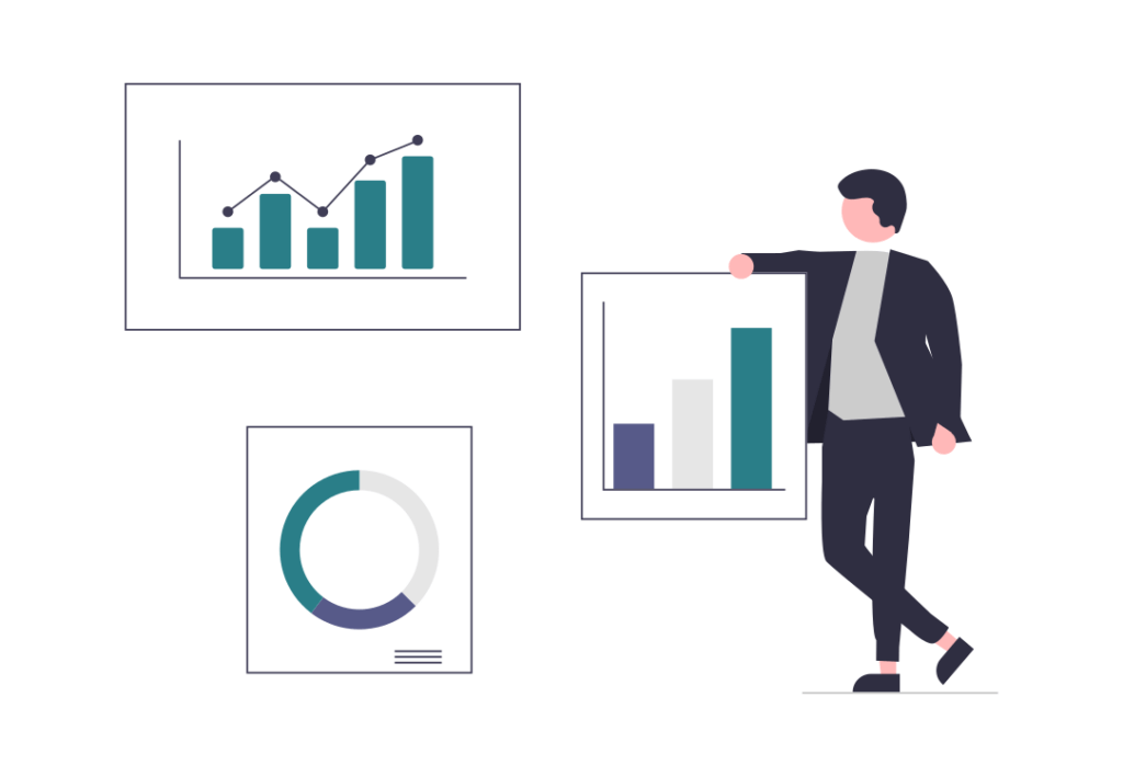 Illustration showing a person with three different graphs, each representing stakeholder reports.