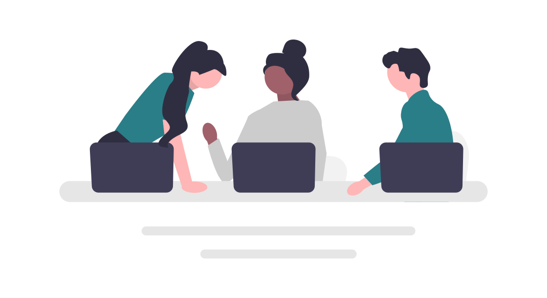 Illustration shows three people collaborating closely together with laptops.