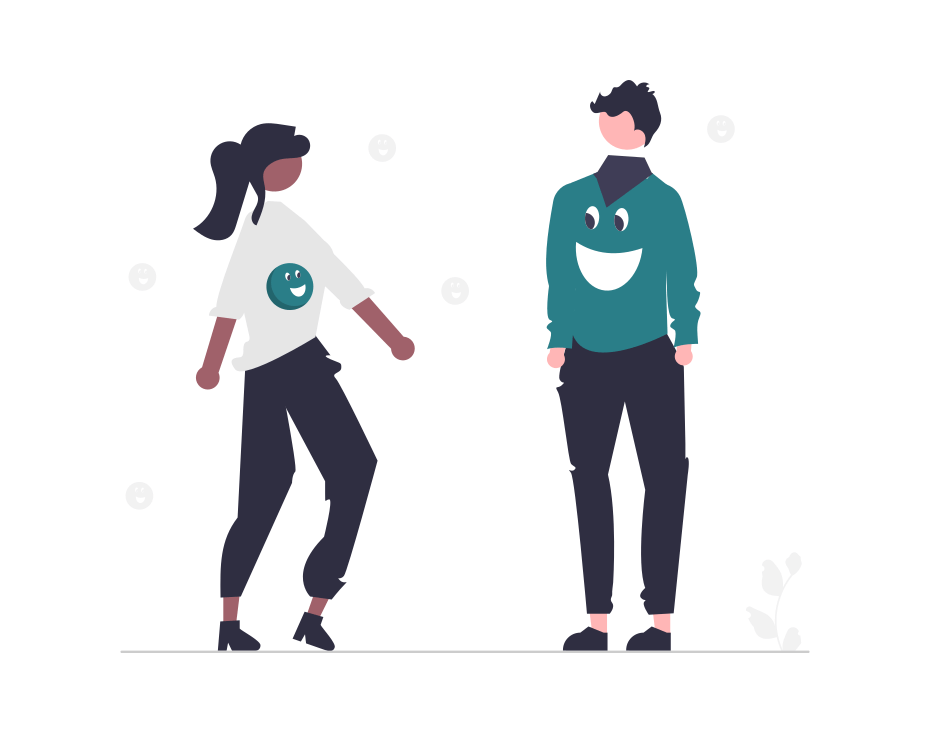 An illustration shows two people with smiley faces on their shirts.