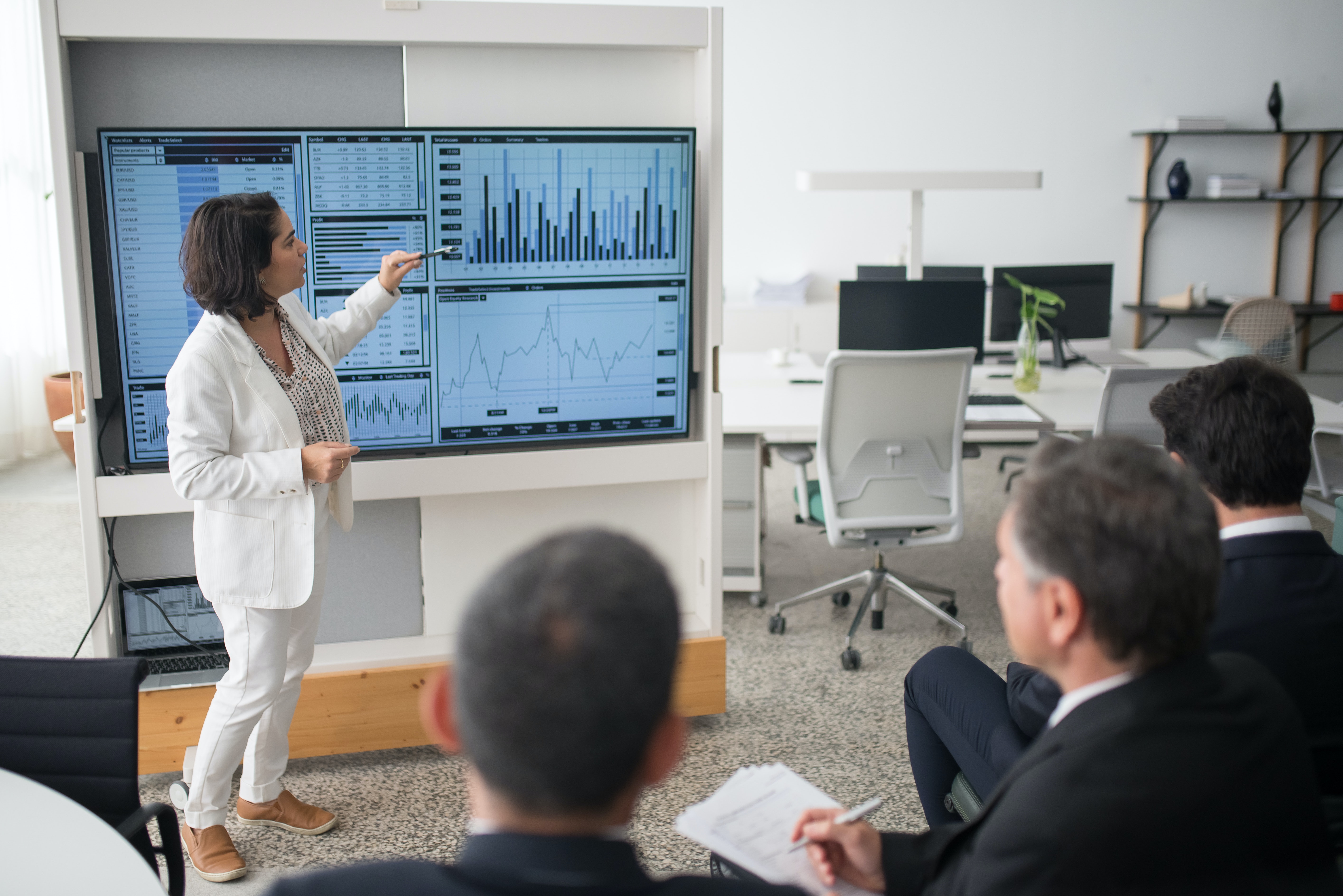 Woman in a white suit presenting graphs on a large screen to a group of businesspeople.
