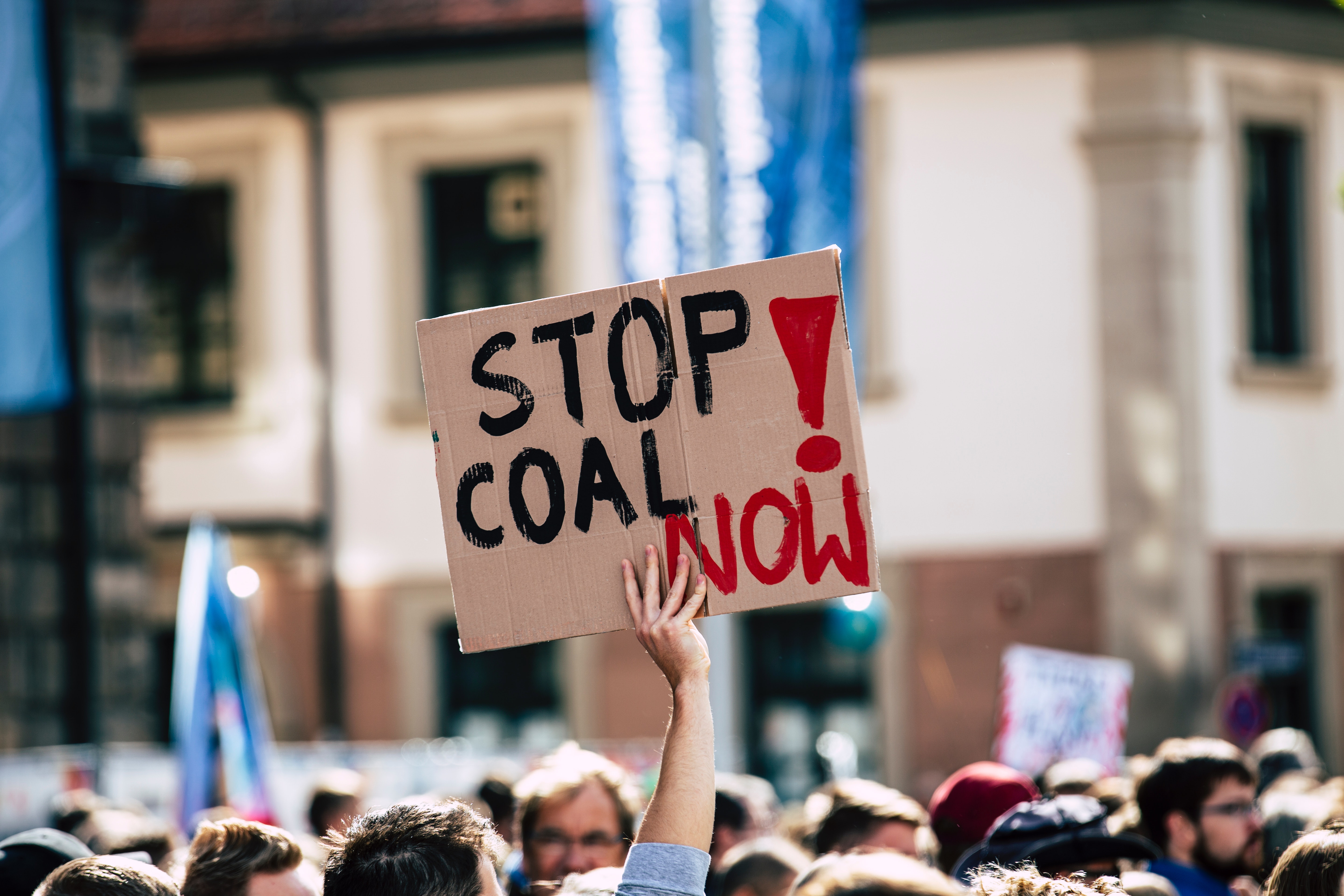 Person in a crowd holding up a hand-painted sign that says “stop coal now!”
