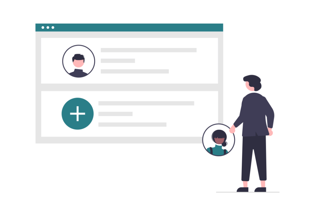 Illustration representing a relationship management tool, with a person adding contacts to the app.