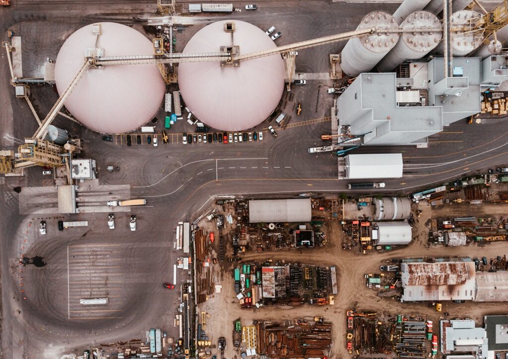 Birds eye view of a large industrial facility.