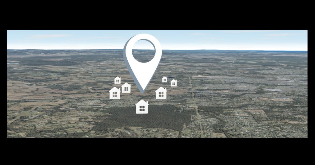 3D satellite view of the Caboolture West region, overlaid with house icons and location pin icon.