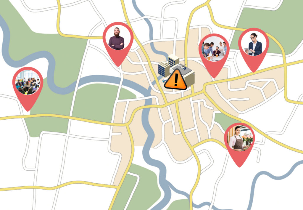 Stakeholder geomapping example, showing stakeholders and groups’ physical location on a map surrounding the project.