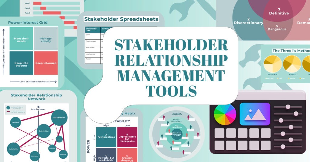 Graphic showing a range of stakeholder relationship management tools, including software, diagrams, and frameworks.