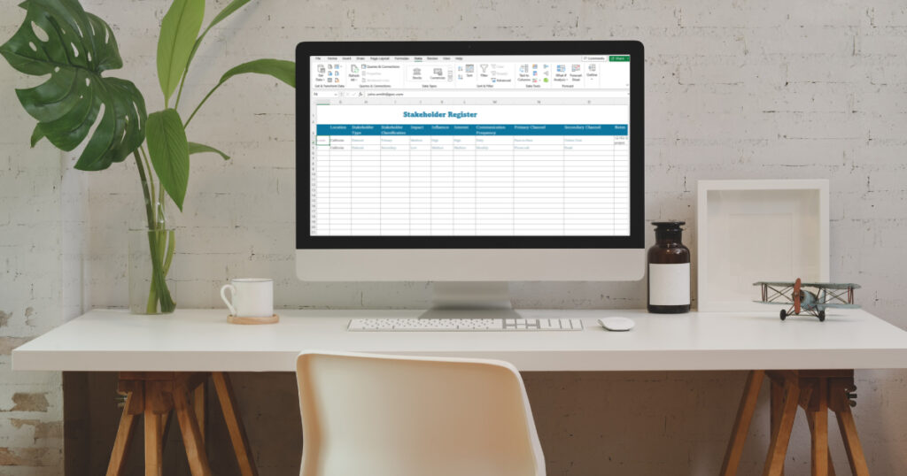 Computer screen showing a stakeholder register spreadsheet.