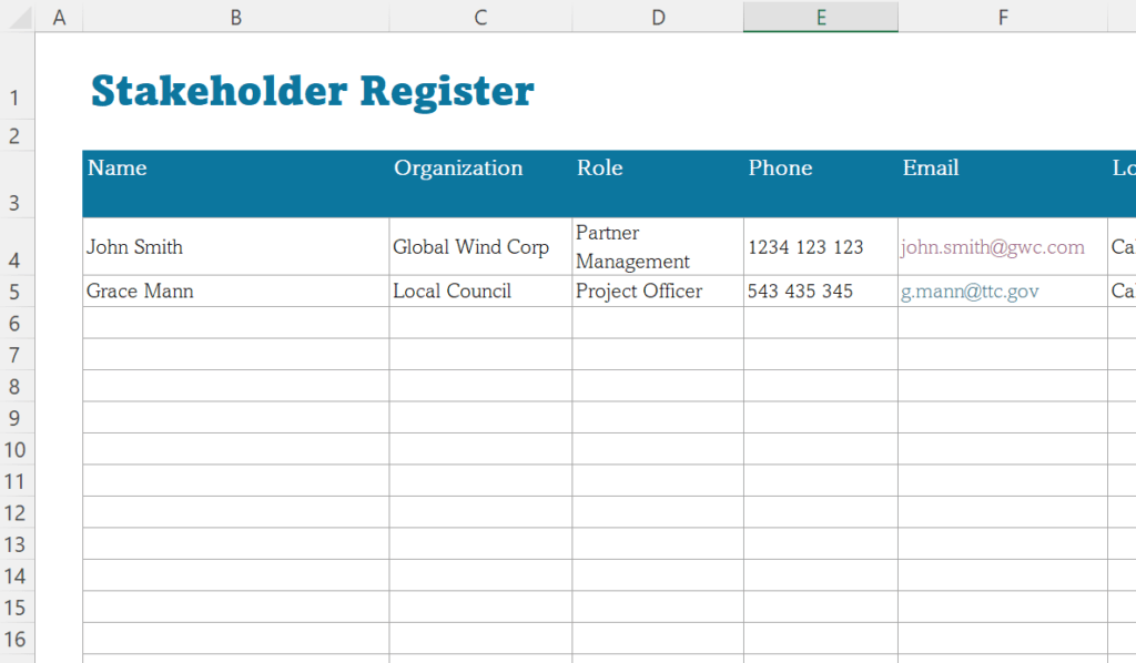 Screenshot of downloadable Stakeholder Register template.