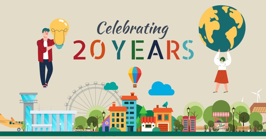 Image with illustrations of community spaces, lightbulb, and globe with the text 'Celebrating 20 Years’.