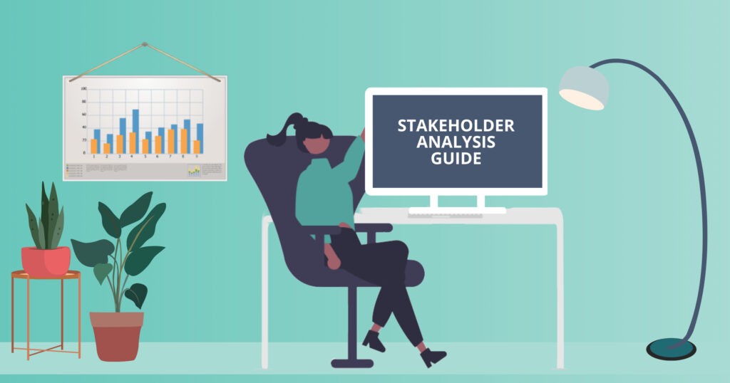 Illustration showing a person sitting at a desk with 'Stakeholder Analysis Guide' open on their screen.