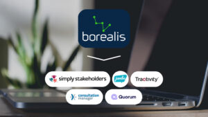 Logos of stakeholder software for comparison, including Borealis, Simply Stakeholders, Jambo, Tractivity, Consultation Manager, and Quorum.