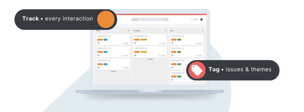 Mockup of Simply Stakeholders platform highlighting the interaction tracking, tagging, and kanban board features.