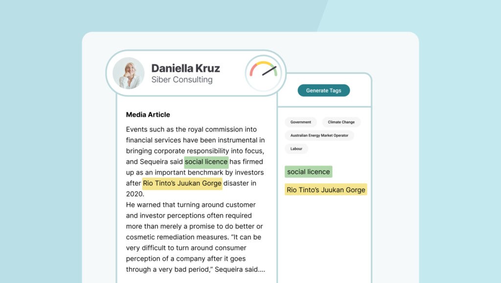 Mockup of Simply Stakeholders software showing analytics capabilities, including qualitative analysis and issues tagging.