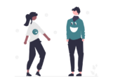 Illustration of man and woman with smiley faces.