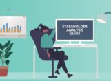 Illustration of woman with Stakeholder Analysis Guide on screen.