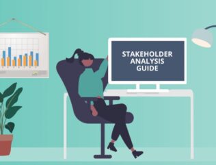 Illustration of woman with Stakeholder Analysis Guide on screen.