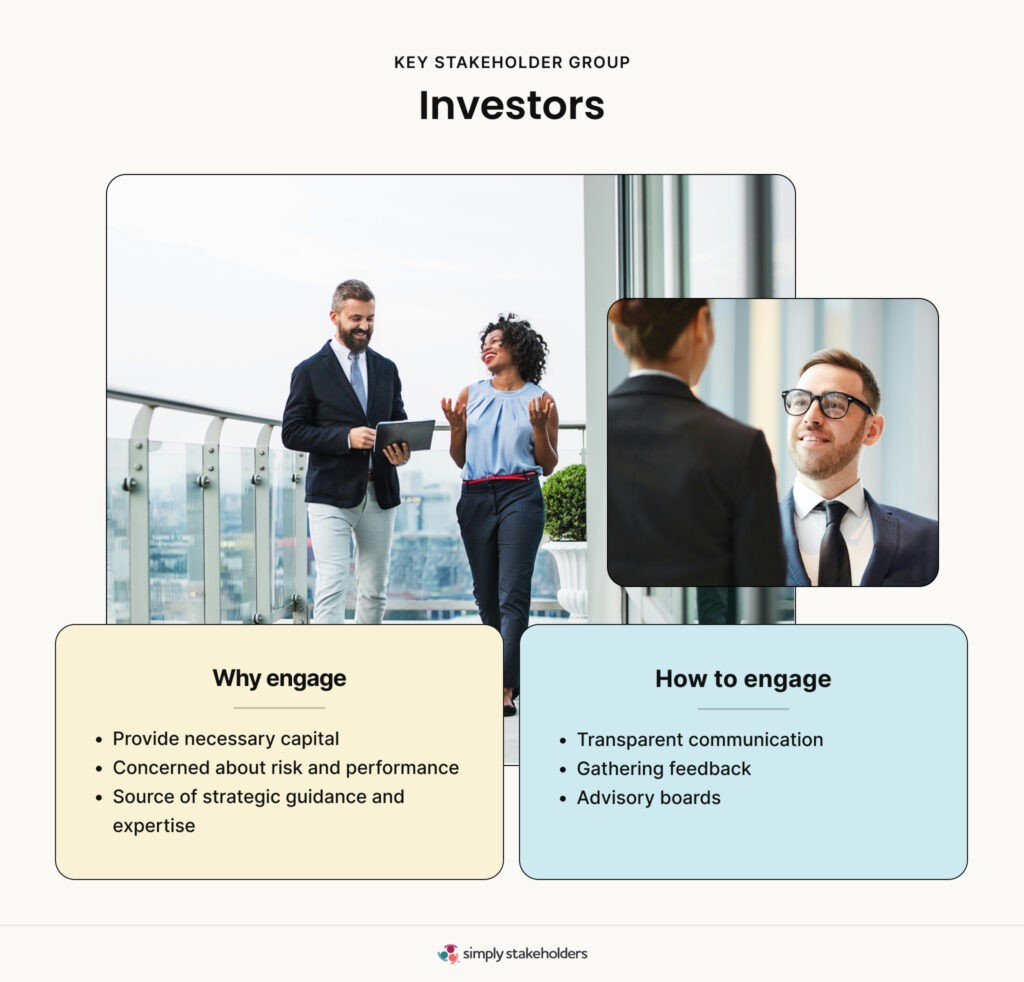 Image representing the investor stakeholder group, highlighting major reasons to engage and methods of engagement.