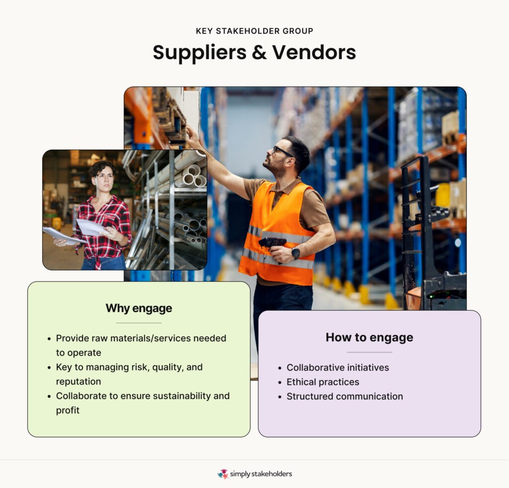 Image representing the suppliers/vendors stakeholder group, highlighting major reasons to engage and methods of engagement.