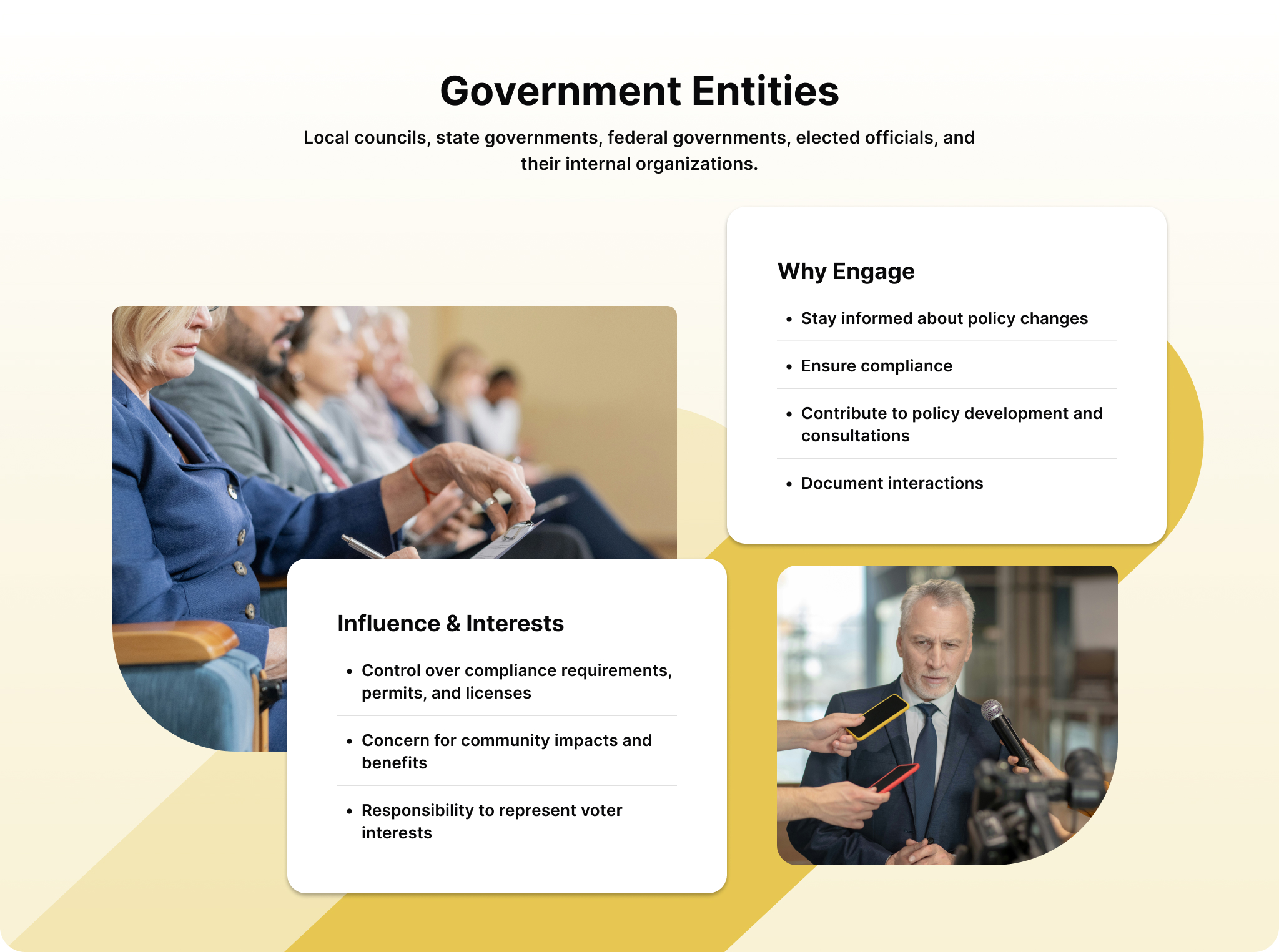 Infographic showing influence, interests, and reasons to engage government entities as a secondary stakeholder.