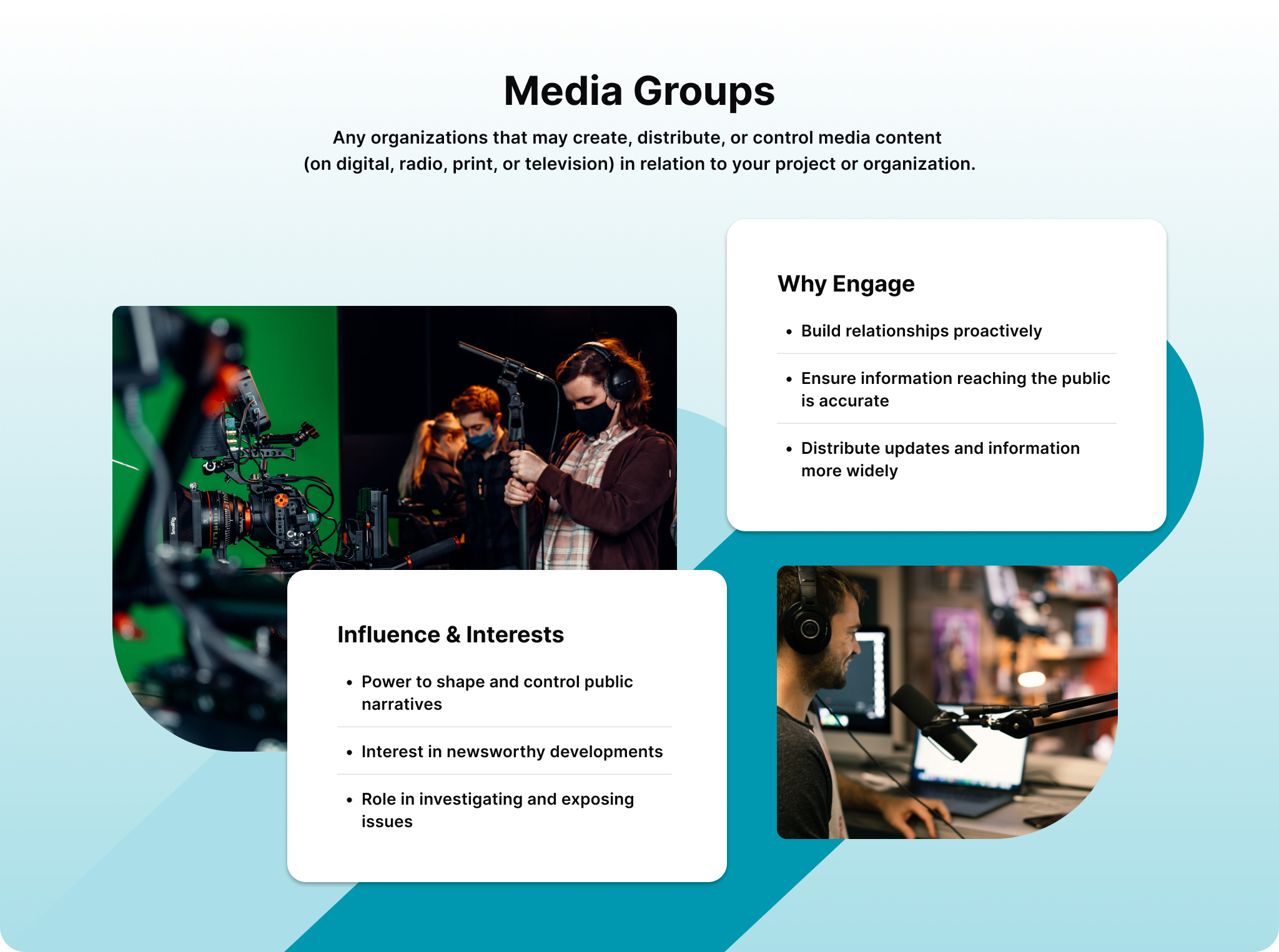 Infographic showing influence, interests, and reasons to engage media groups as a secondary stakeholder.