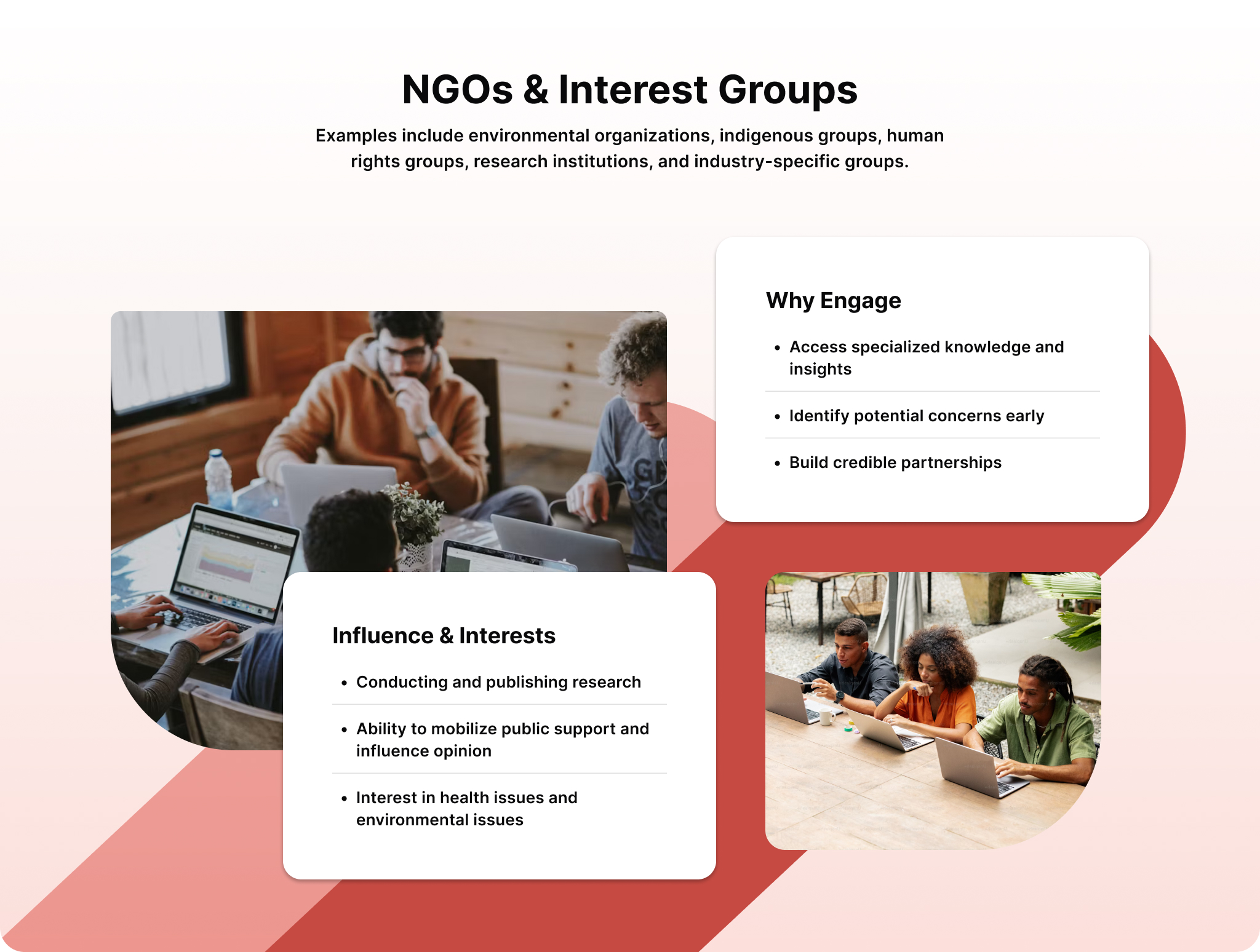 Infographic showing influence, interests, and reasons to engage NGOs and interest groups as secondary stakeholders.