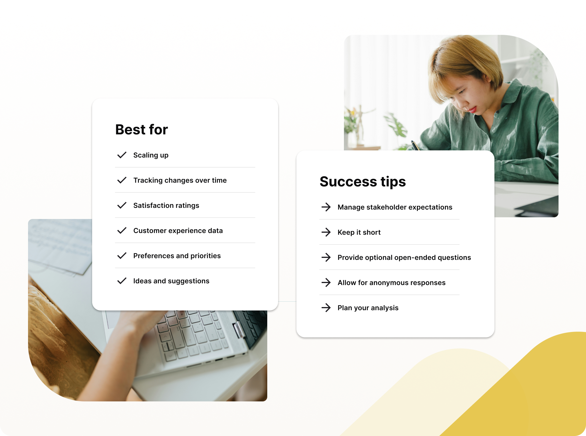 Infographic showing what surveys and questionnaires are best used for and tips for success.