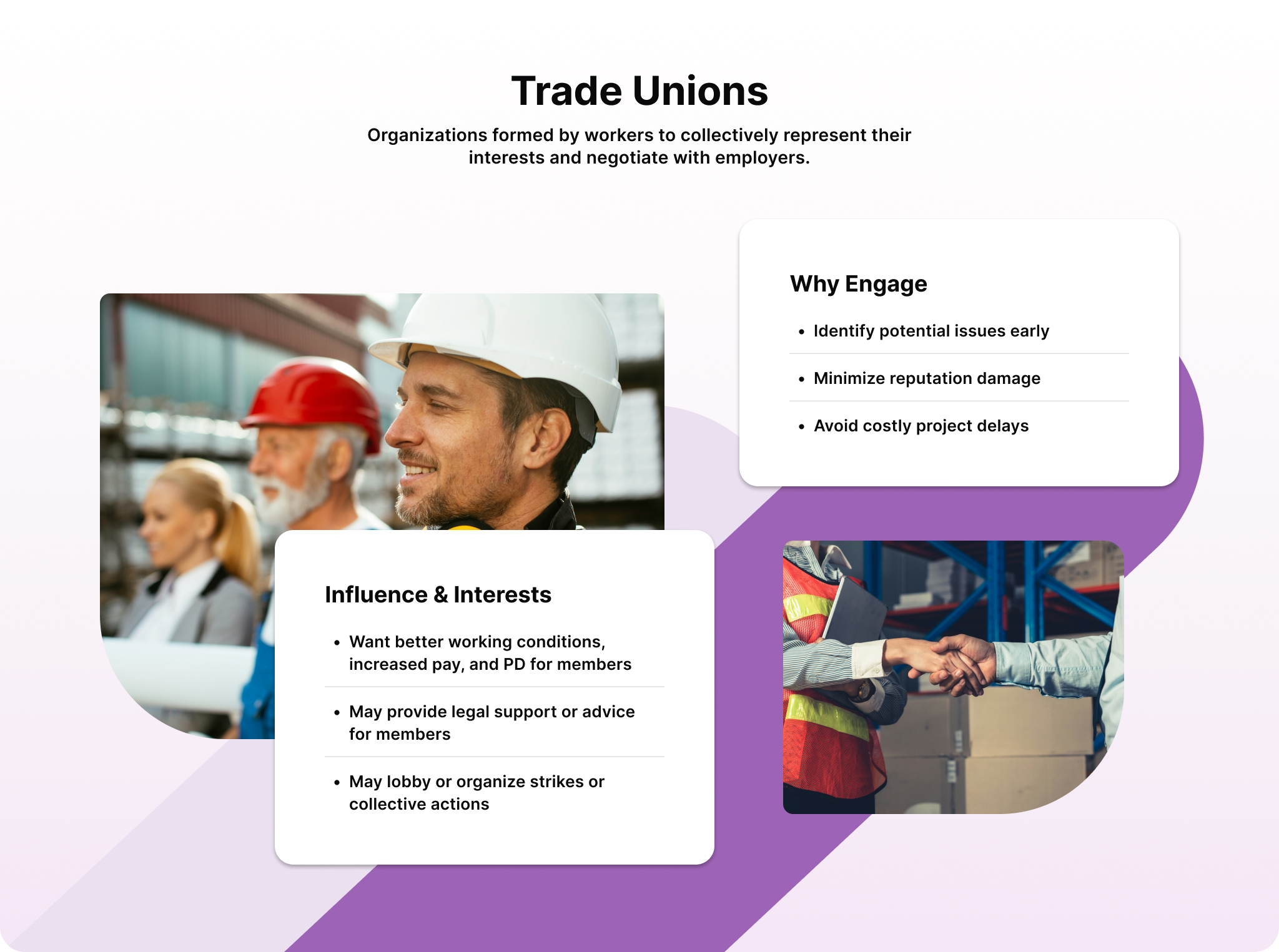 Infographic showing influence, interests, and reasons to engage trade unions as a secondary stakeholder.