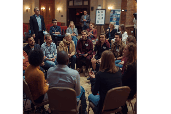 AI generated image of a group of people meeting in a hall having a discussion