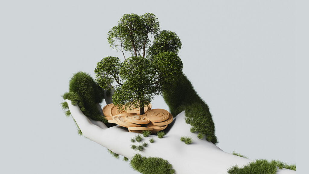 CGI hand with grass growing on the arm and fingers. The hand is holding a tree in full leaf with coins around the trunk.
