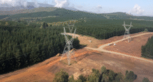Aerial view of transmission line with wide tree clearing