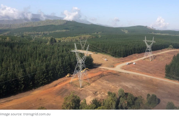 Aerial view of transmission line with wide tree clearing