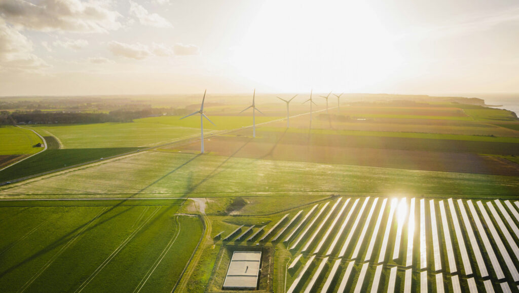 Green power - wind turbines and solar farms.