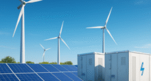 Stylized image showing wind turbines, solar panels and battery storage units