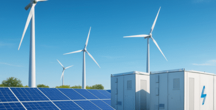 Stylized image showing wind turbines, solar panels and battery storage units