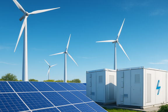 Stylized image showing wind turbines, solar panels and battery storage units
